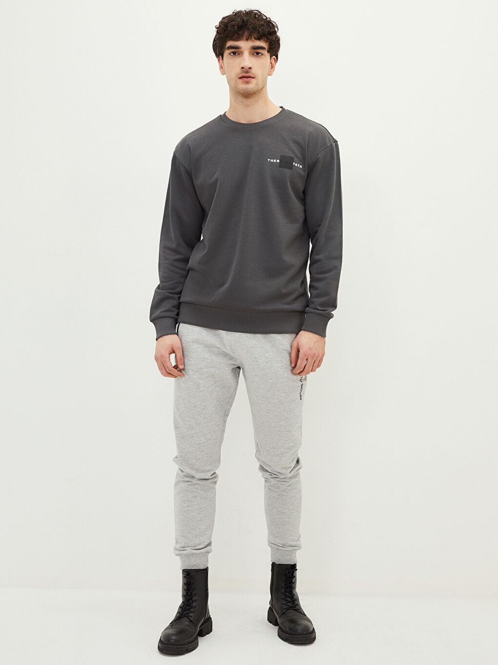 Antrasit Oversize Bisiklet Yaka Uzun Kollu Baskılı Erkek Sweatshirt-2