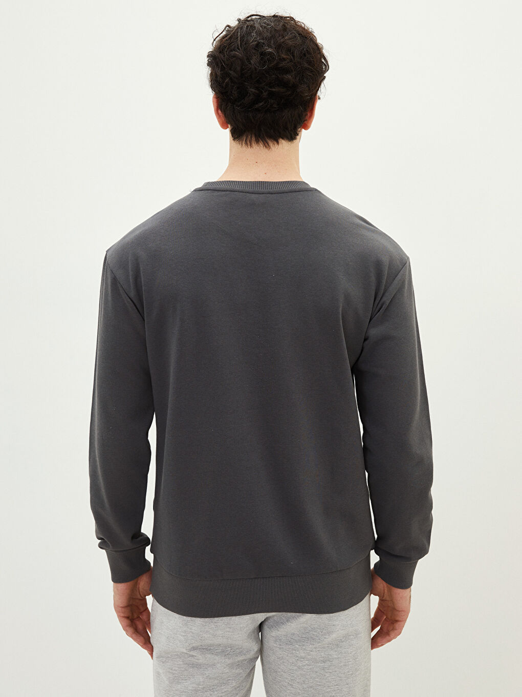 Antrasit Oversize Bisiklet Yaka Uzun Kollu Baskılı Erkek Sweatshirt-4