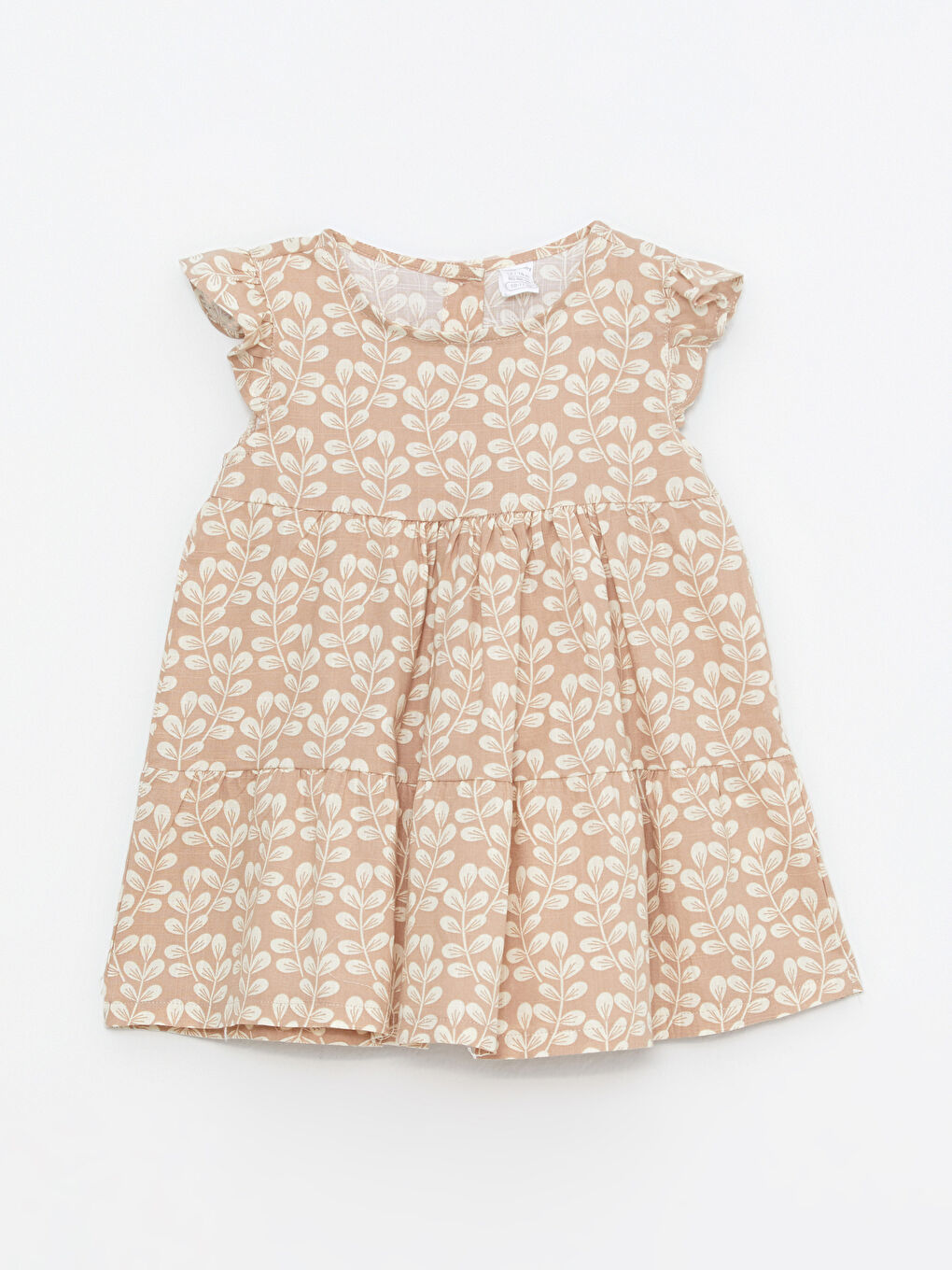 Bej Bisiklet Yaka Kısa Kollu Baskılı Kız Bebek Elbise
