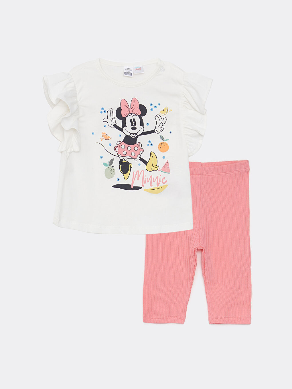 Ekru Bisiklet Yaka Kısa Kollu Minnie Mouse Baskılı Kız Bebek Tişört ve Tayt 2'li Takım