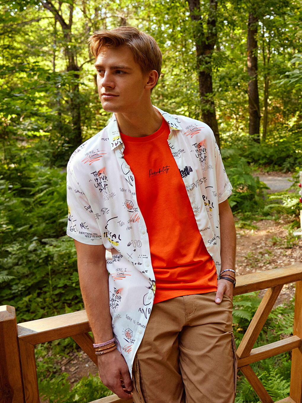 Turuncu Oversize Bisiklet Yaka Kısa Kollu Baskılı Penye Erkek Tişört