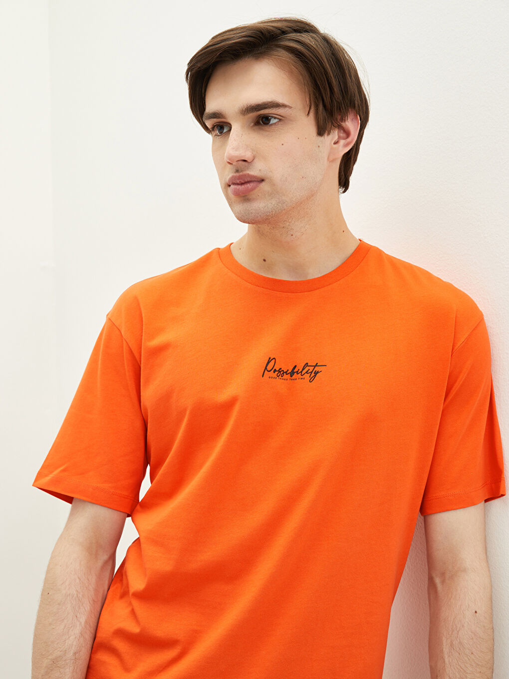 Turuncu Oversize Bisiklet Yaka Kısa Kollu Baskılı Penye Erkek Tişört-2