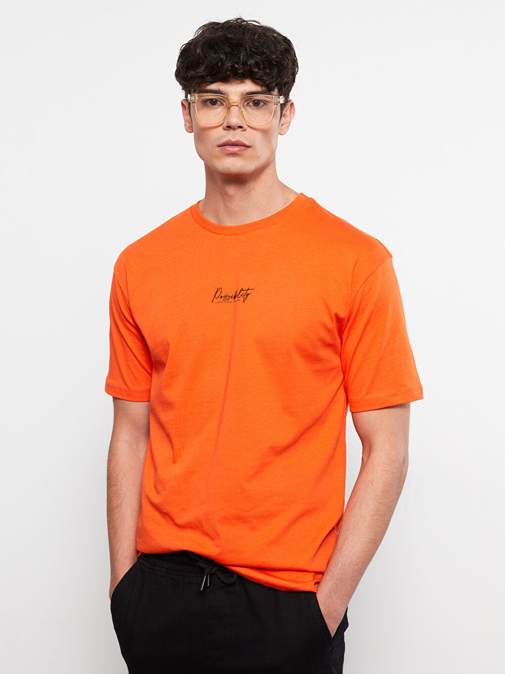 Turuncu Oversize Bisiklet Yaka Kısa Kollu Baskılı Penye Erkek Tişört-3