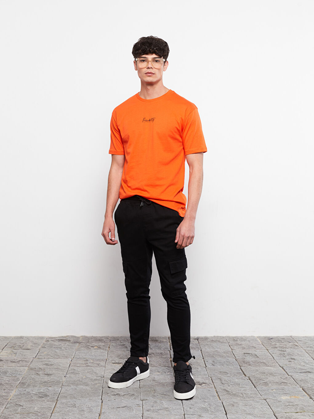 Turuncu Oversize Bisiklet Yaka Kısa Kollu Baskılı Penye Erkek Tişört-5