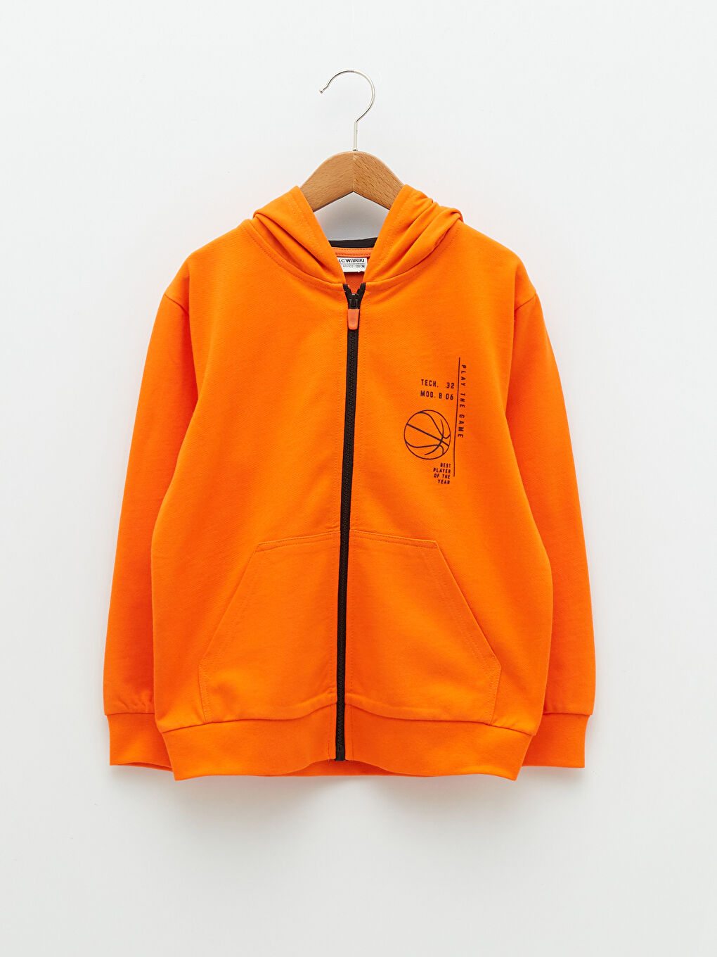 LCW Kids Turuncu Kapüşonlu Baskılı Uzun Kollu Erkek Çocuk Fermuarlı Sweatshirt