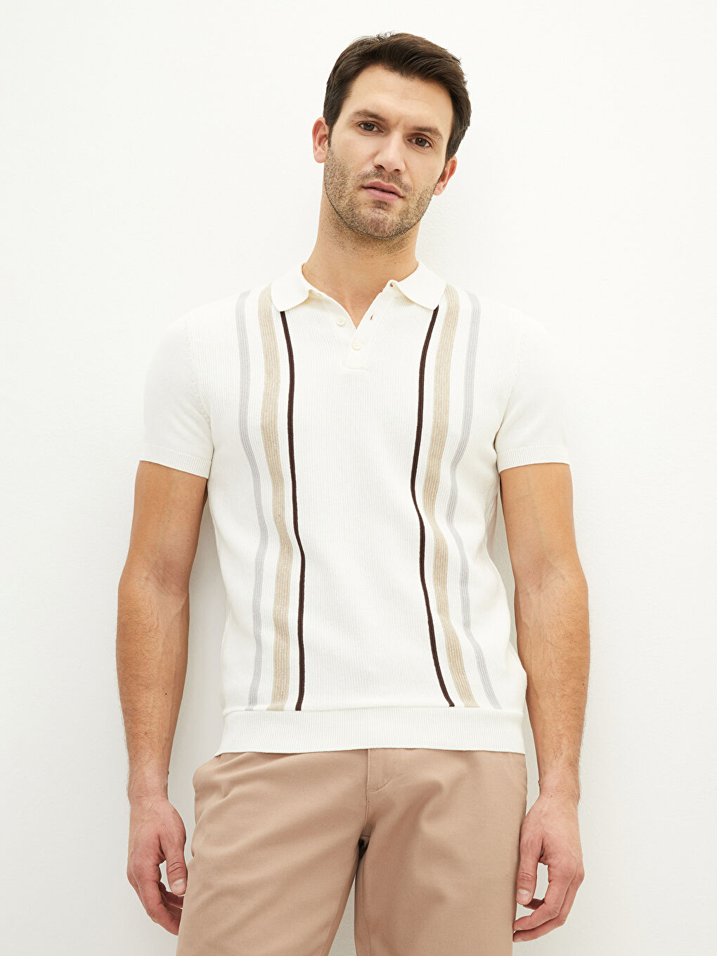 Ekru Polo Yaka Kısa Kollu Çizgili Erkek Triko Kazak-2