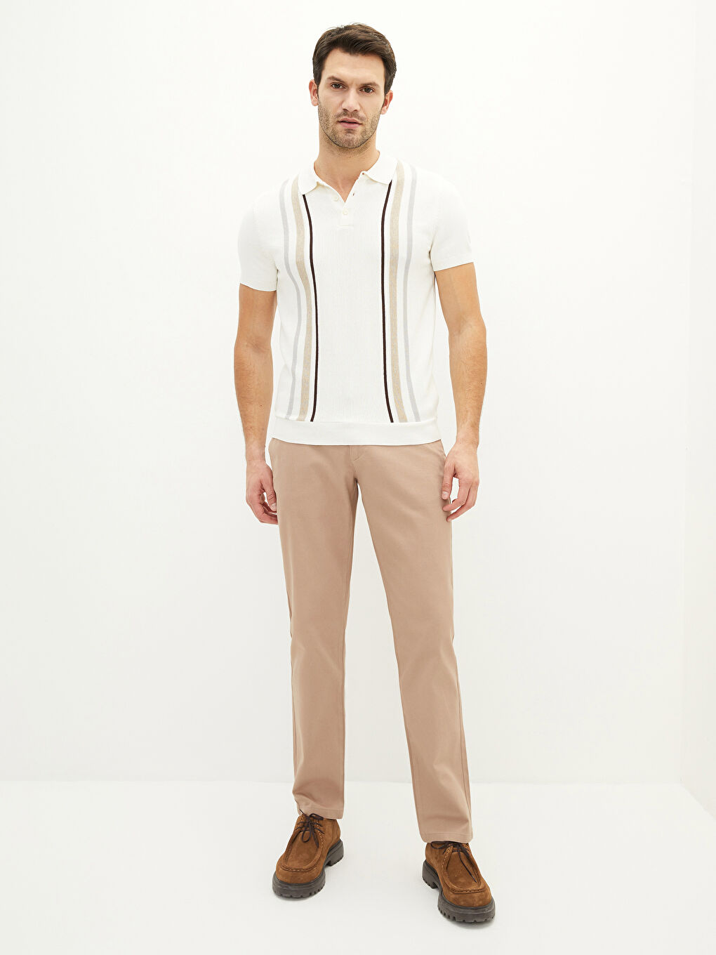 Ekru Polo Yaka Kısa Kollu Çizgili Erkek Triko Kazak-3