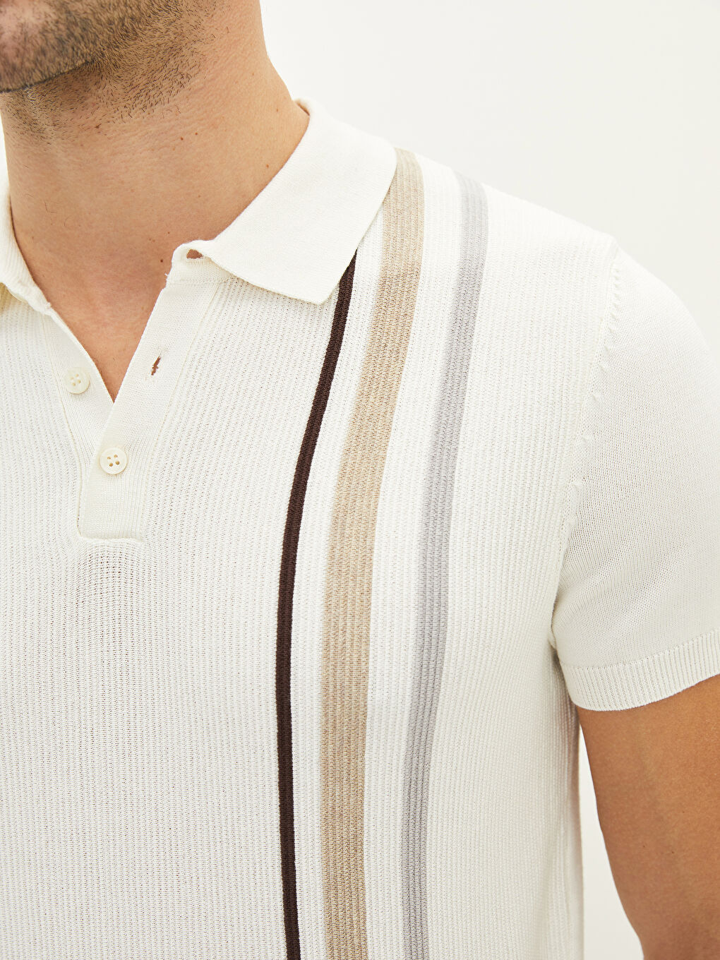 Ekru Polo Yaka Kısa Kollu Çizgili Erkek Triko Kazak-4