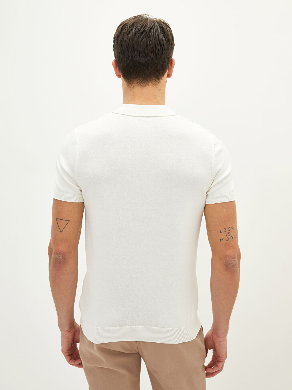 Ekru Polo Yaka Kısa Kollu Çizgili Erkek Triko Kazak-5