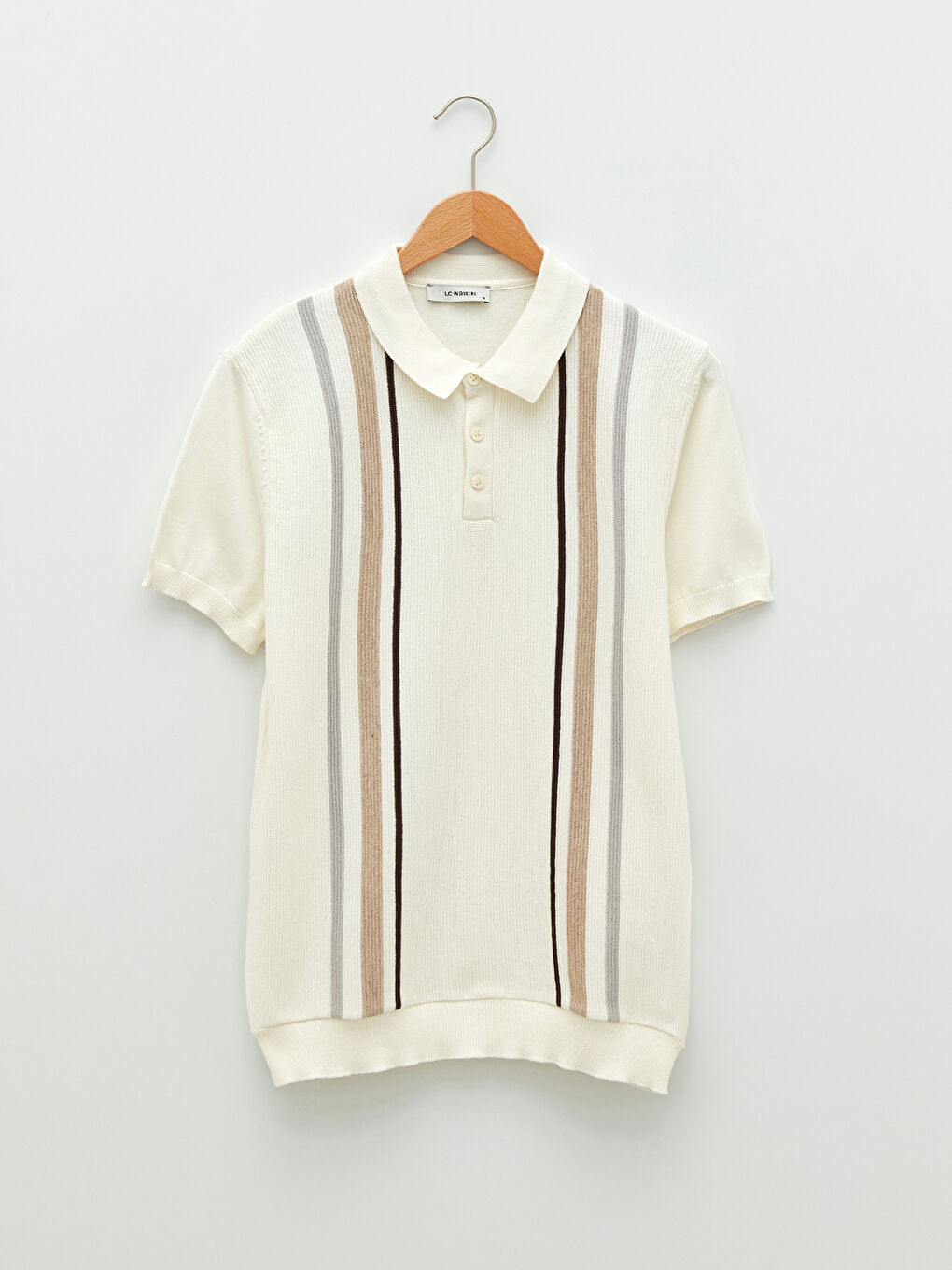 Ekru Polo Yaka Kısa Kollu Çizgili Erkek Triko Kazak-6
