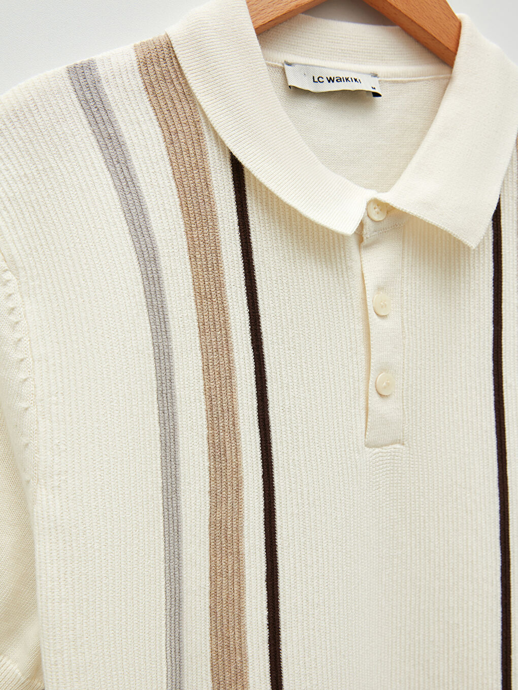 Ekru Polo Yaka Kısa Kollu Çizgili Erkek Triko Kazak-8