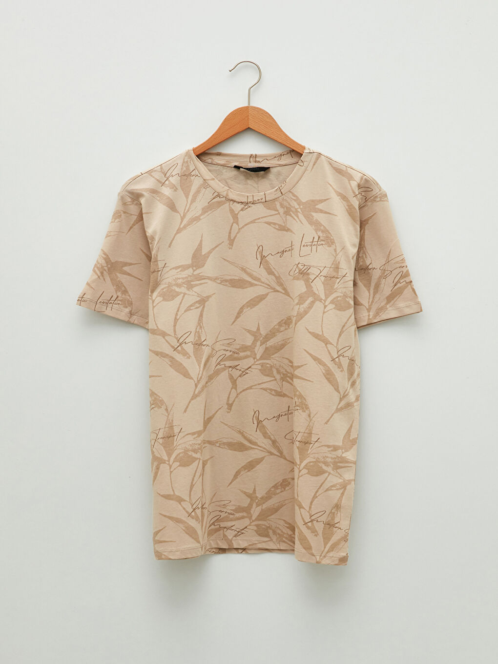 Bej Bisiklet Yaka Kısa Kollu Desenli Penye Erkek Tişört-5