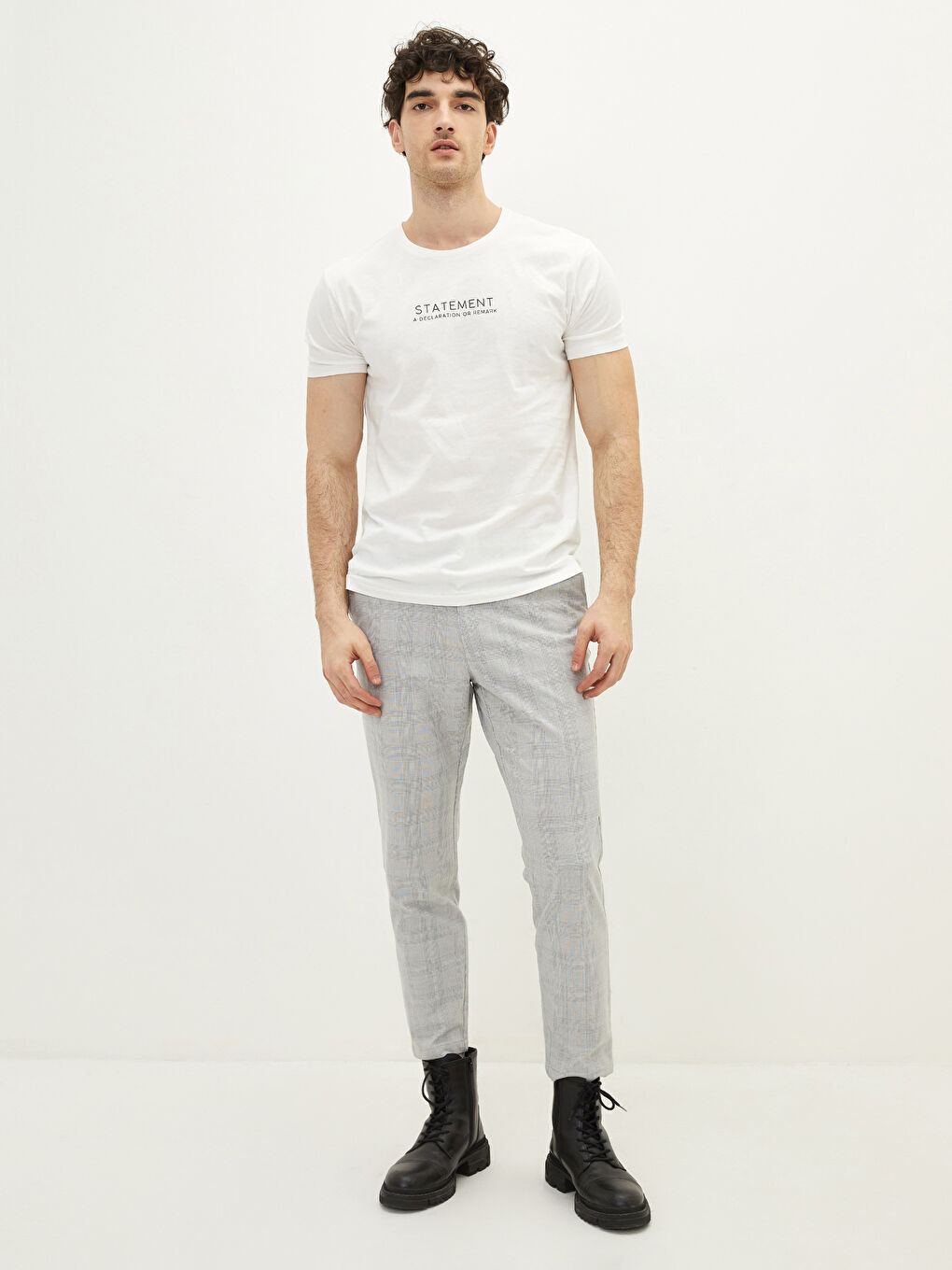 Ekru Bisiklet Yaka Kısa Kollu Baskılı Penye Erkek Tişört-2