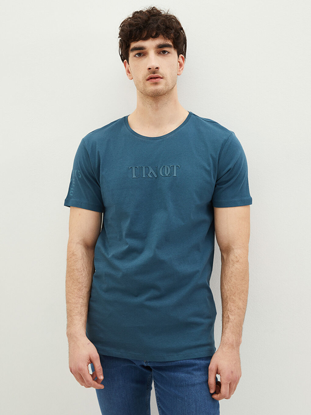 Petrol Bisiklet Yaka Kısa Kollu Baskılı Penye Erkek Tişört-1