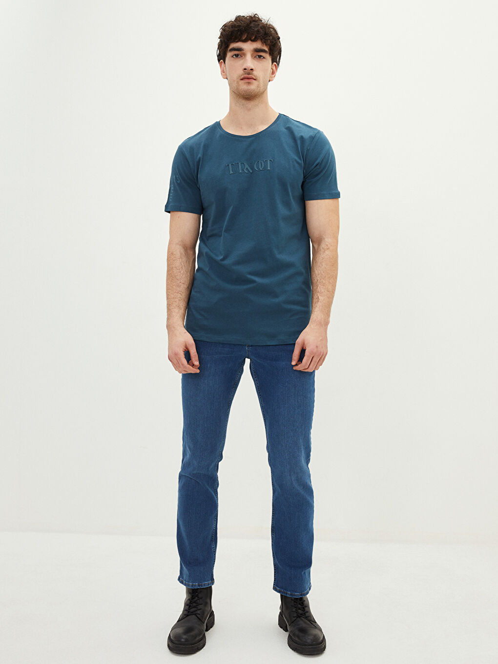 Petrol Bisiklet Yaka Kısa Kollu Baskılı Penye Erkek Tişört-2