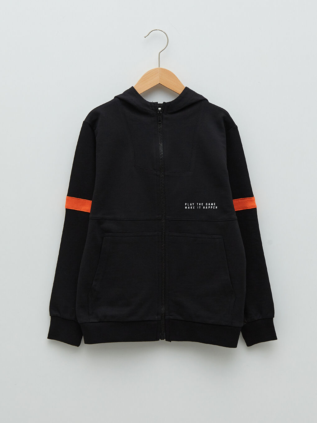 LCW Kids Siyah Kapüşonlu Baskılı Uzun Kollu Erkek Çocuk Fermuarlı Sweatshirt