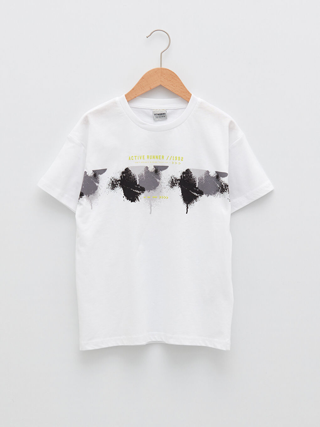 Beyaz Bisiklet Yaka Baskılı Kısa Kollu Pamuklu Erkek Çocuk Tişört