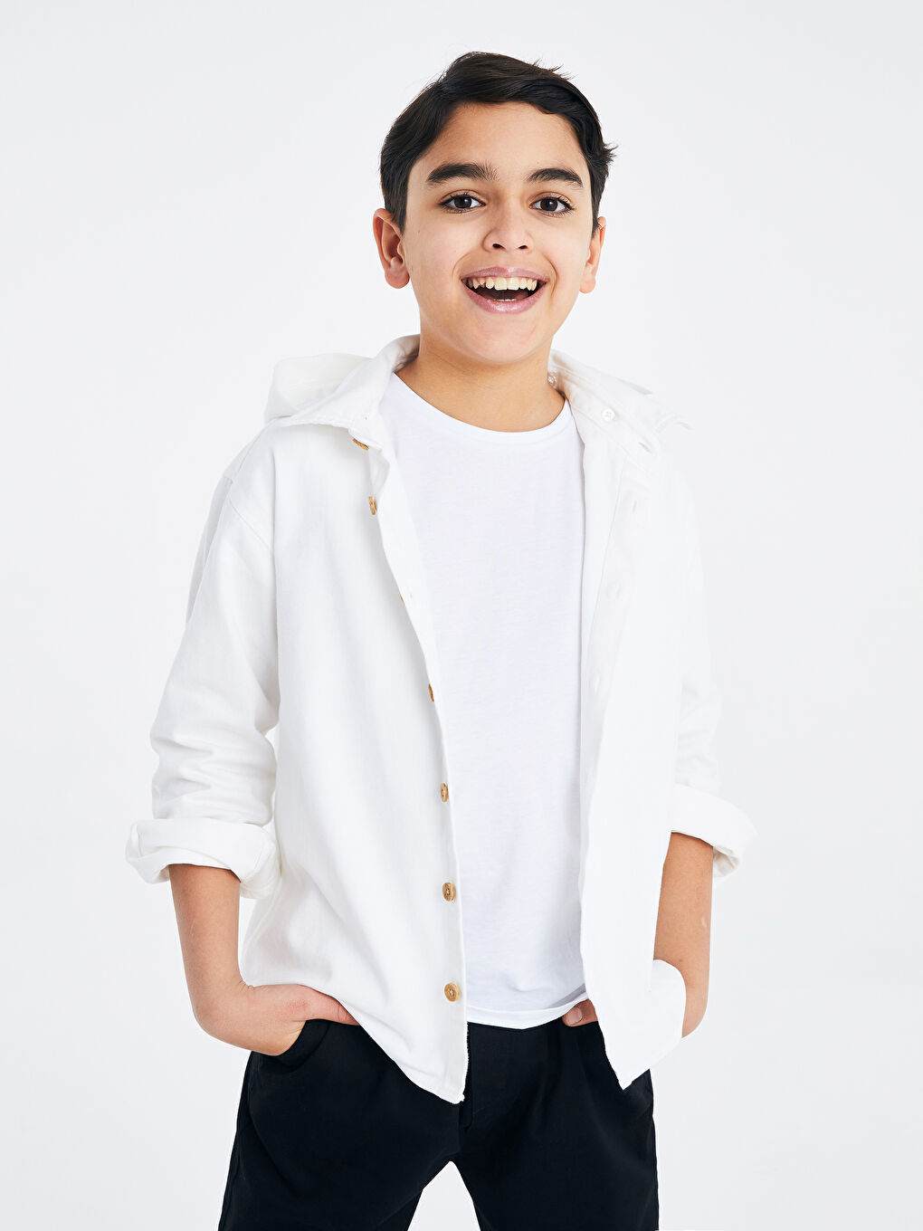Ekru Kapüşonlu Baskılı Uzun Kollu Gabardin Erkek Çocuk Gömlek-1
