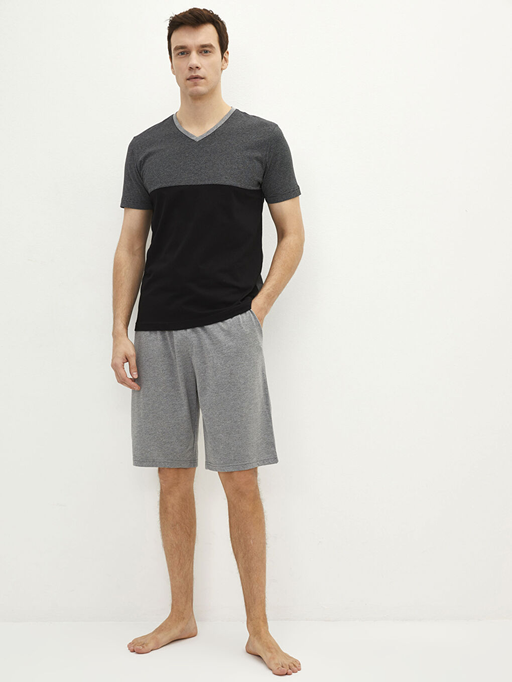 Gri Standart Kalıp Erkek Şortlu Pijama Takımı-2