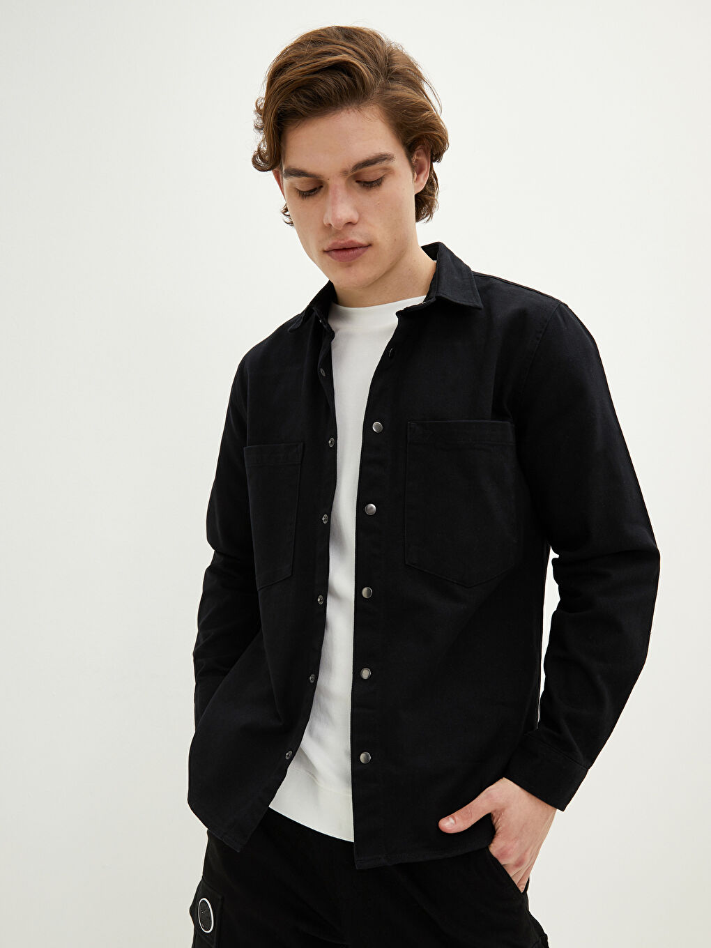 Siyah Standart Kalıp Uzun Kollu Erkek Jean Ceket-2