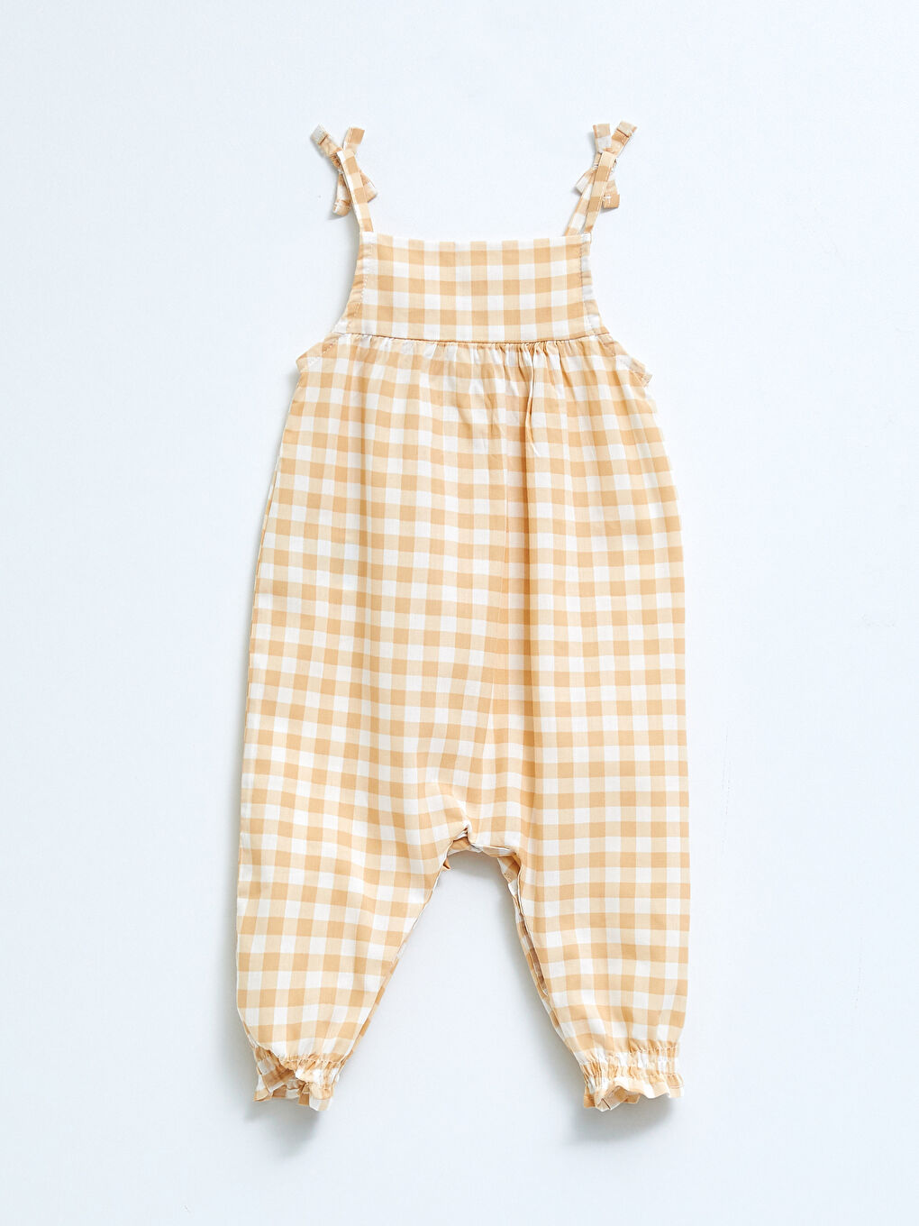 Ekru Kare Yaka Askılı Ekose Desenli Kız Bebek Salopet-1