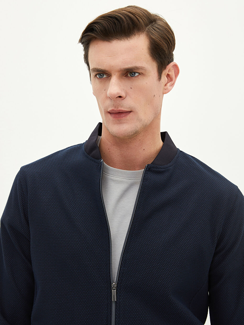 Lacivert Slim Fit Kolej Yaka Erkek Hırka-2