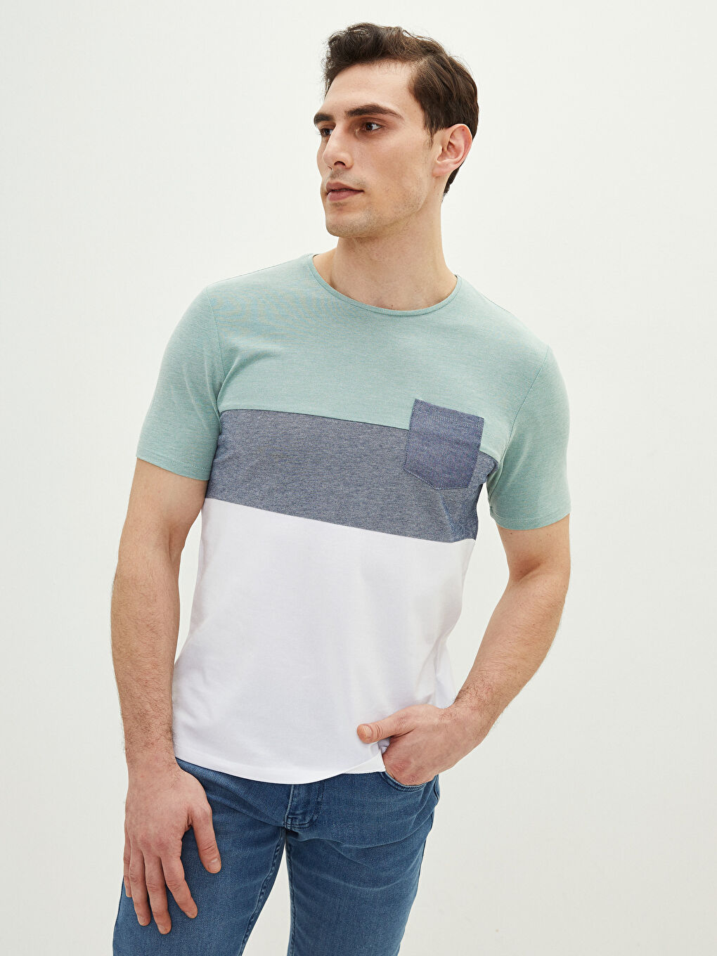 Yeşil Bisiklet Yaka Kısa Kollu Renk Bloklu Pike Erkek Tişört-1