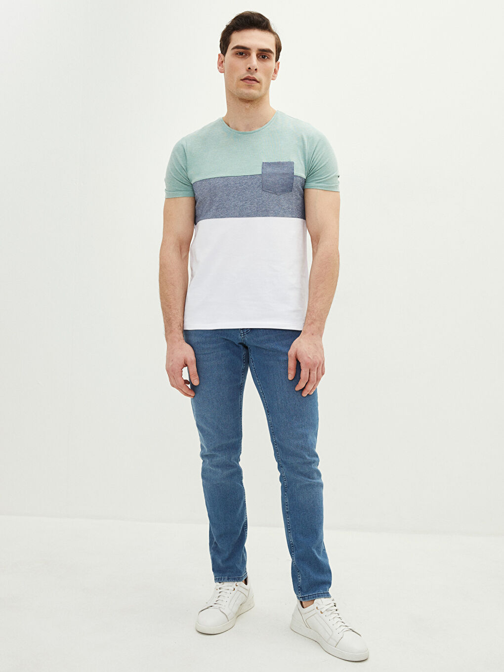 Yeşil Bisiklet Yaka Kısa Kollu Renk Bloklu Pike Erkek Tişört-2