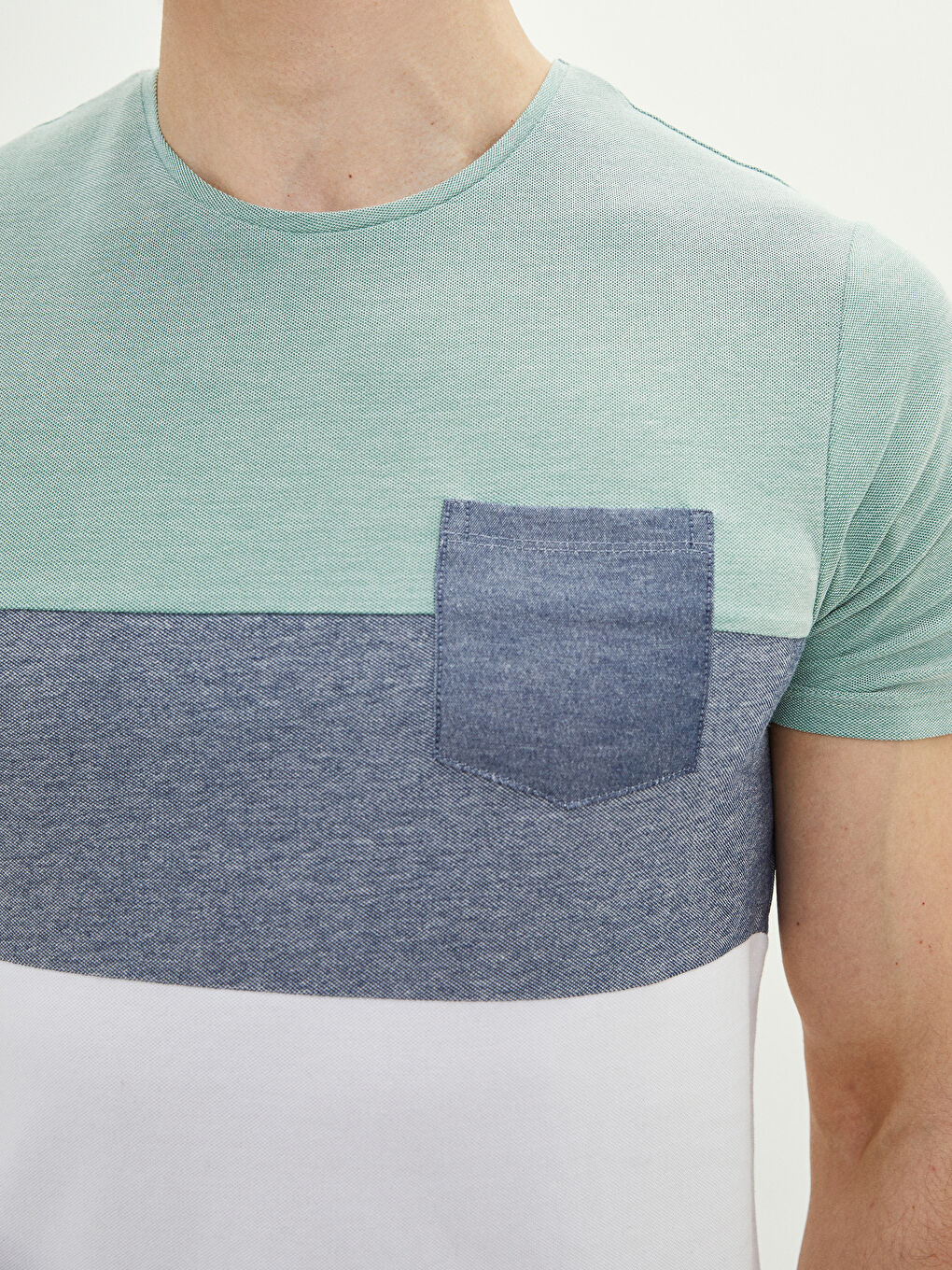 Yeşil Bisiklet Yaka Kısa Kollu Renk Bloklu Pike Erkek Tişört-3