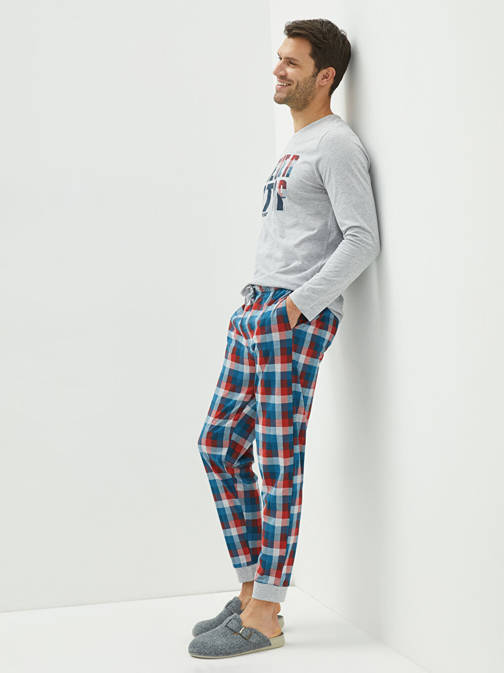 Lacivert Standart Kalıp Baskılı Pamuklu Erkek Pijama Takımı