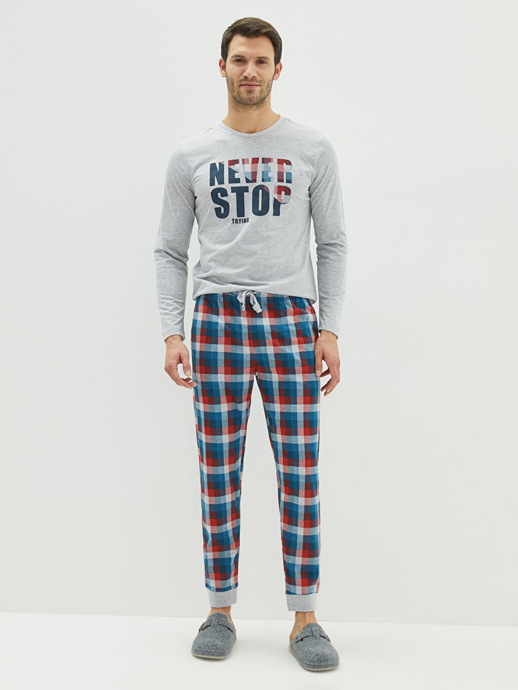 Lacivert Standart Kalıp Baskılı Pamuklu Erkek Pijama Takımı-1