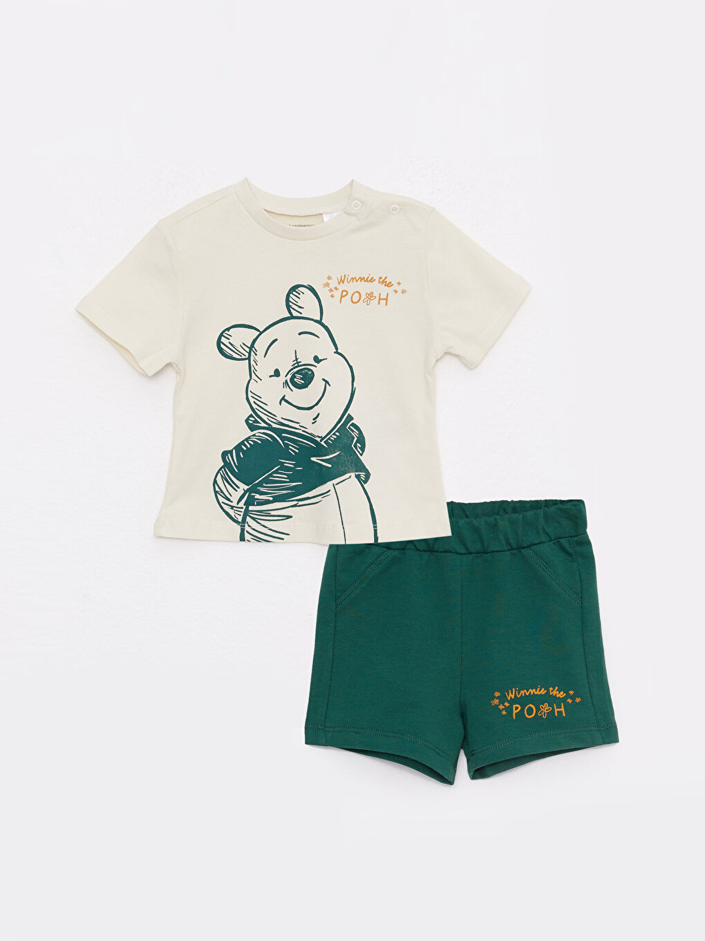 Bisiklet Yaka Kısa Kollu Winnie the Pooh Baskılı Pamuklu Erkek Bebek Tişört ve Şort 2'li Takım