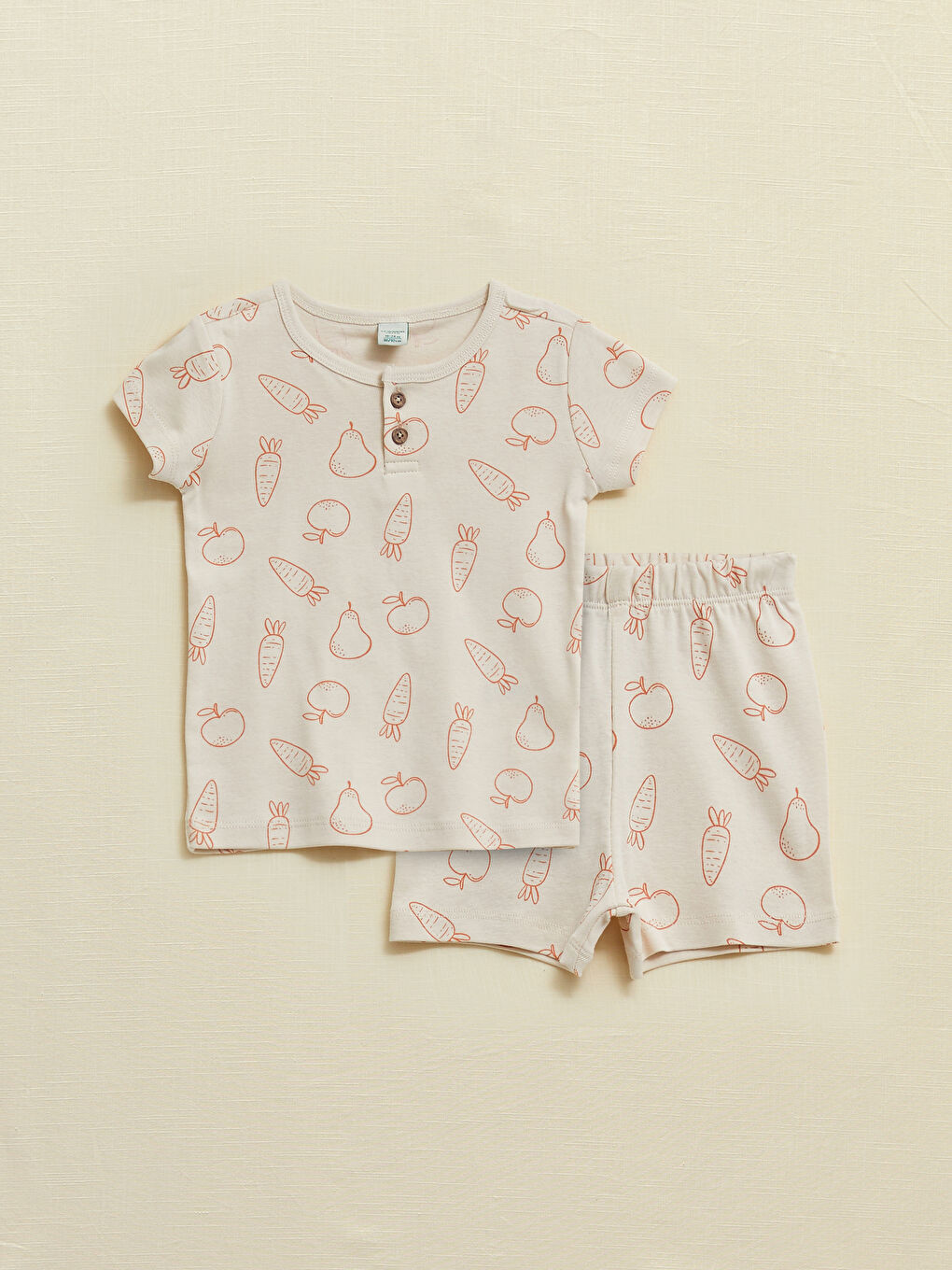 Bej Bisiklet Yaka Kısa Kol Baskılı Pamuklu Erkek Bebek Pijama Takımı