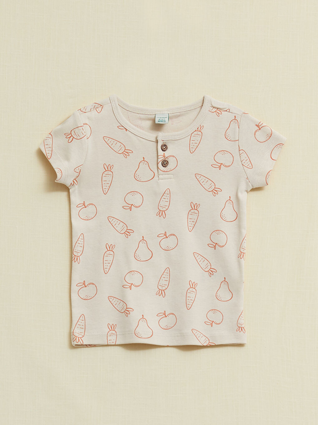 Bej Bisiklet Yaka Kısa Kol Baskılı Pamuklu Erkek Bebek Pijama Takımı-1