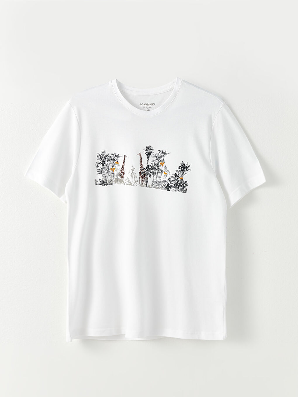 Bej Bisiklet Yaka Kısa Kollu Baskılı Erkek Tişört-5