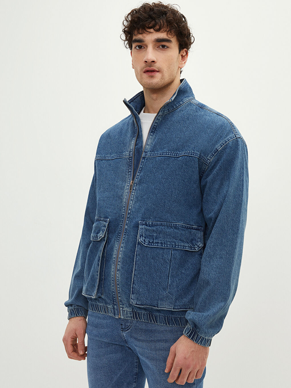 İndigo Rahat Kalıp Dik Yaka Uzun Kollu Erkek Jean Ceket-2