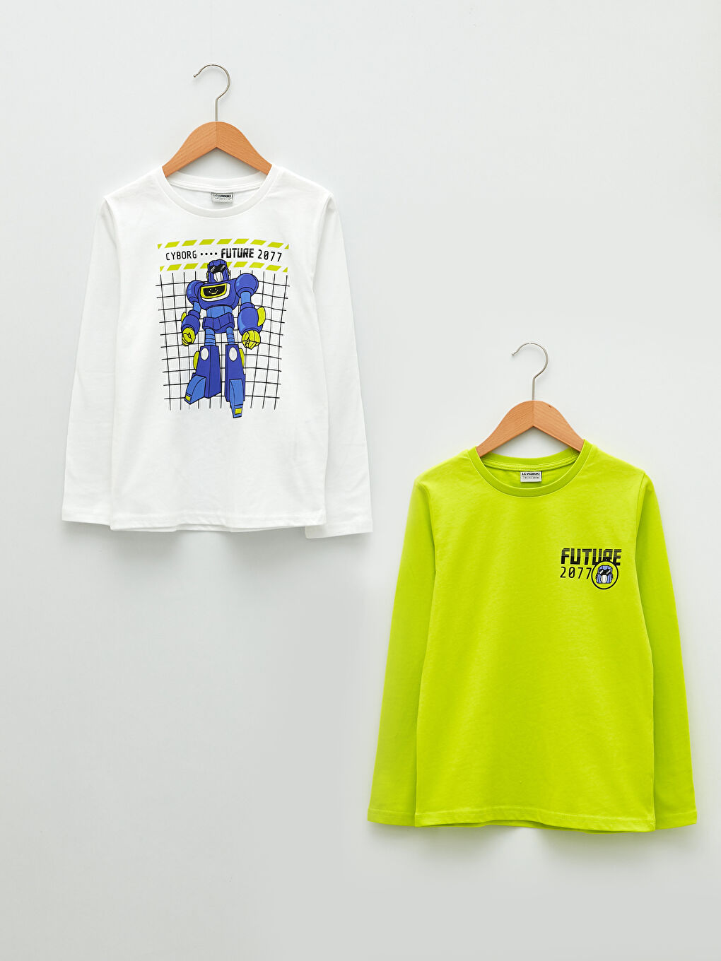 Beyaz Bisiklet Yaka Baskılı Uzun Kollu Erkek Çocuk Tişört 2'li