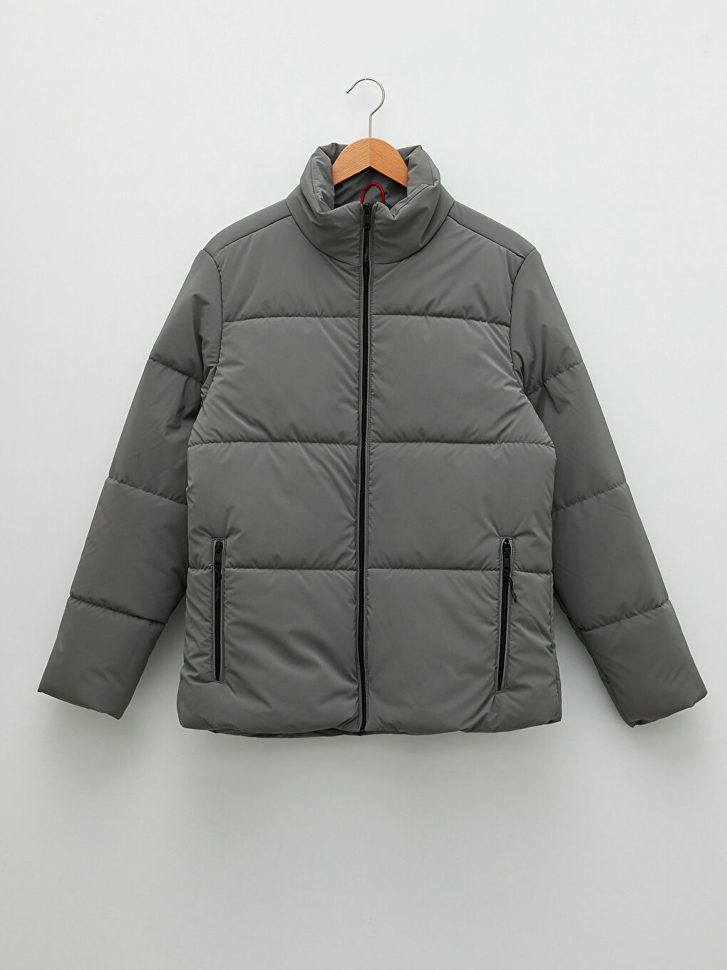 Gri Rahat Kalıp Dik Yaka Erkek Şişme Mont-5