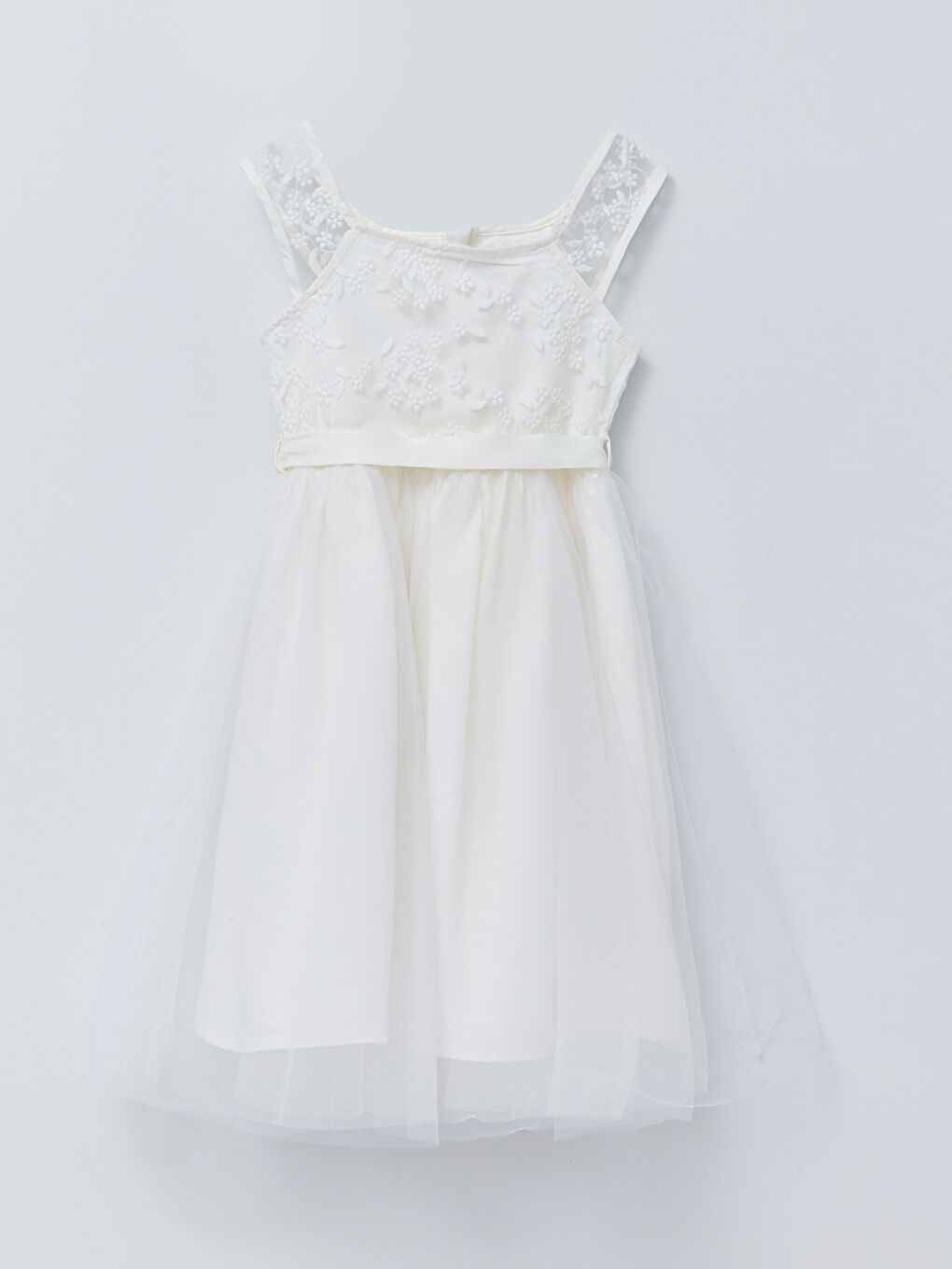 Ekru Kare Yaka Nakış Detaylı Kız Çocuk Elbise
