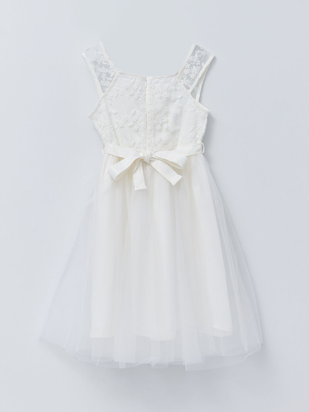 Ekru Kare Yaka Nakış Detaylı Kız Çocuk Elbise-1