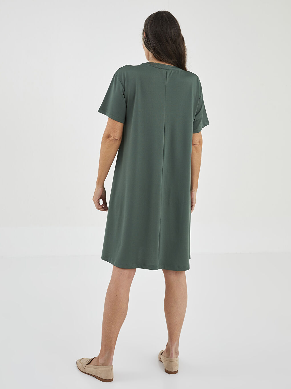 فستان بياقة بشق سادة كم قصير للسيدات-4