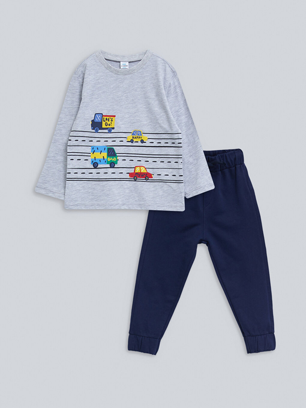 Gri Bisiklet Yaka Uzun Kollu Baskılı Erkek Bebek Tişört ve Pantolon 2'li Takım
