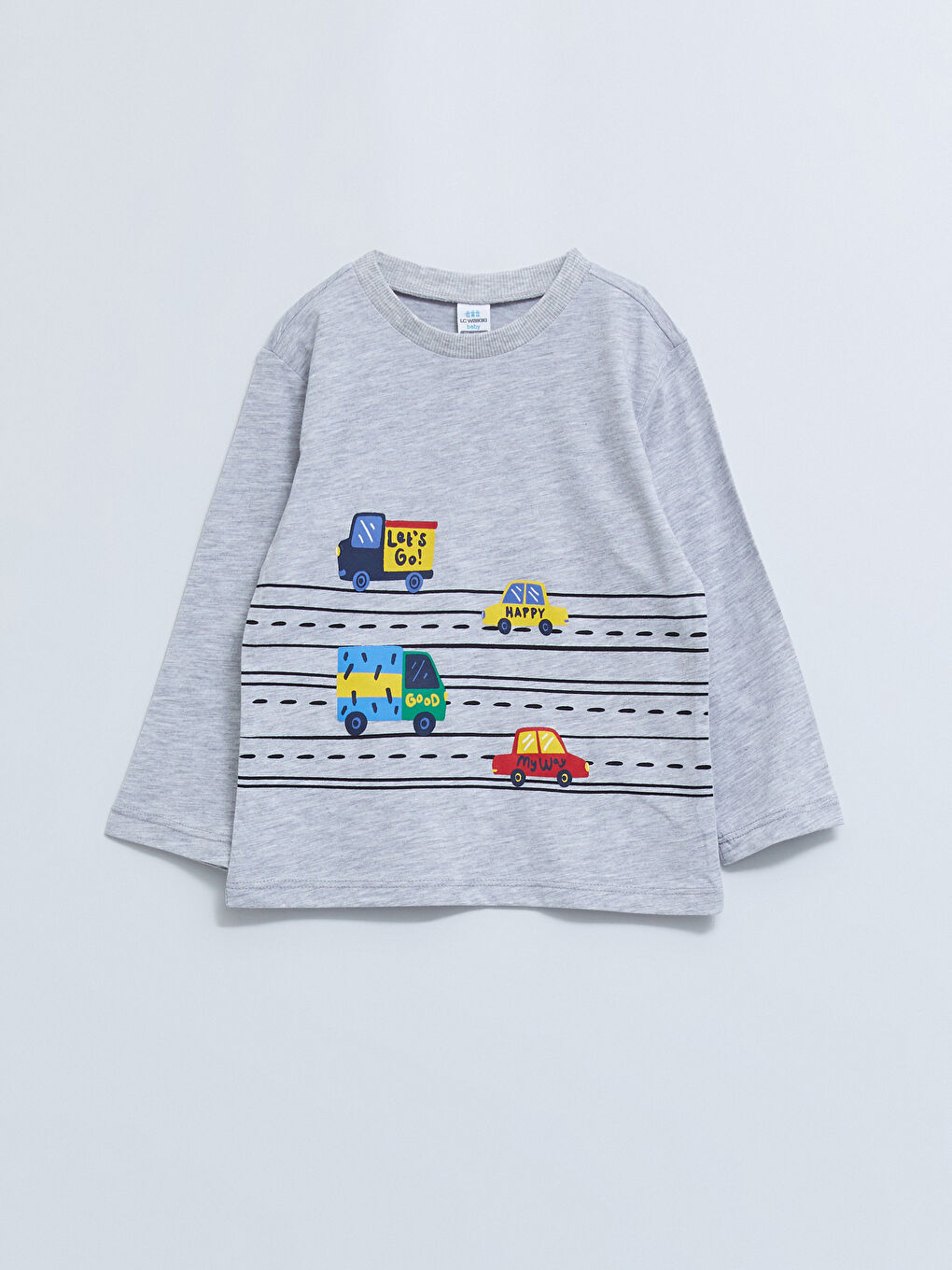 Gri Bisiklet Yaka Uzun Kollu Baskılı Erkek Bebek Tişört ve Pantolon 2'li Takım-1