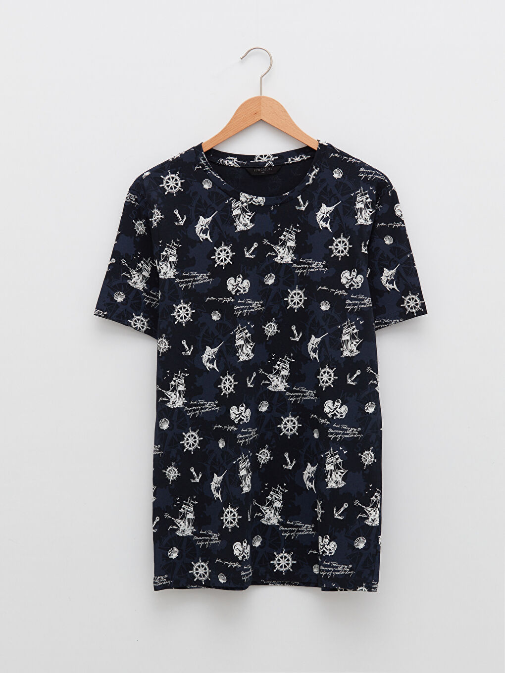 Lacivert Bisiklet Yaka Kısa Kollu Baskılı Penye Erkek Tişört-5