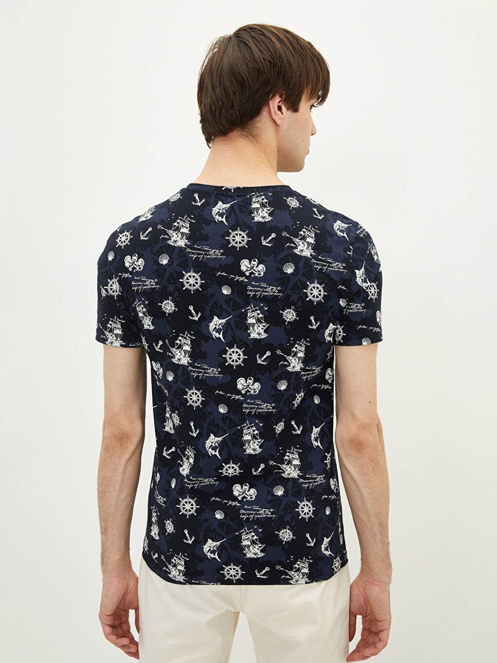 Lacivert Bisiklet Yaka Kısa Kollu Baskılı Penye Erkek Tişört-4