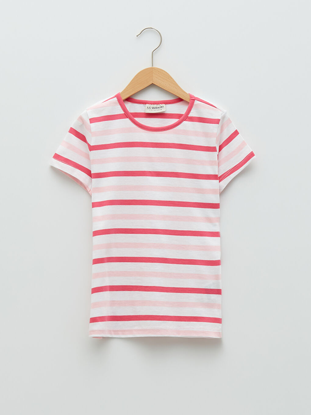 Fuşya Bisiklet Yaka Çizgili Kısa Kollu Pamuklu Kız Çocuk Tişört