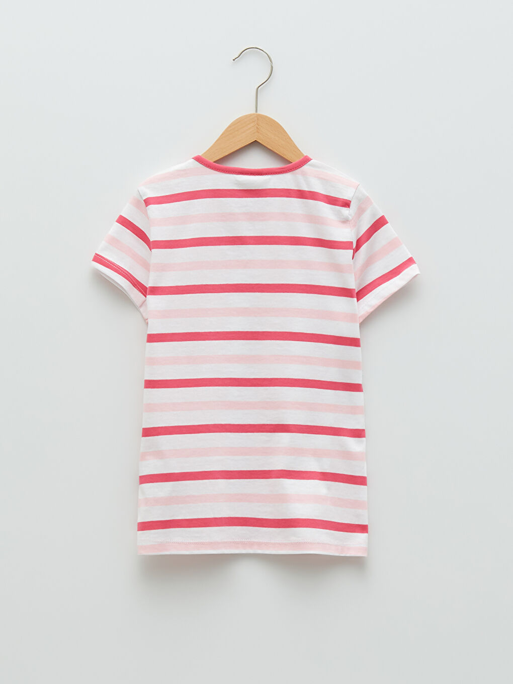 Fuşya Bisiklet Yaka Çizgili Kısa Kollu Pamuklu Kız Çocuk Tişört-1