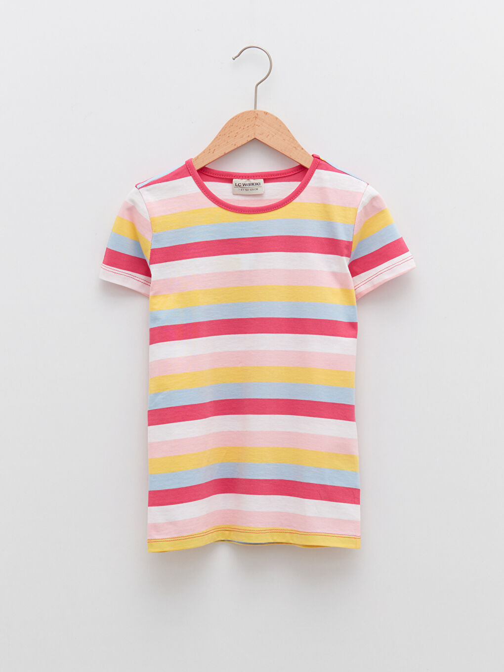 تيشيرت بناتي كم قصير مخطط ياقة دائرية قطن