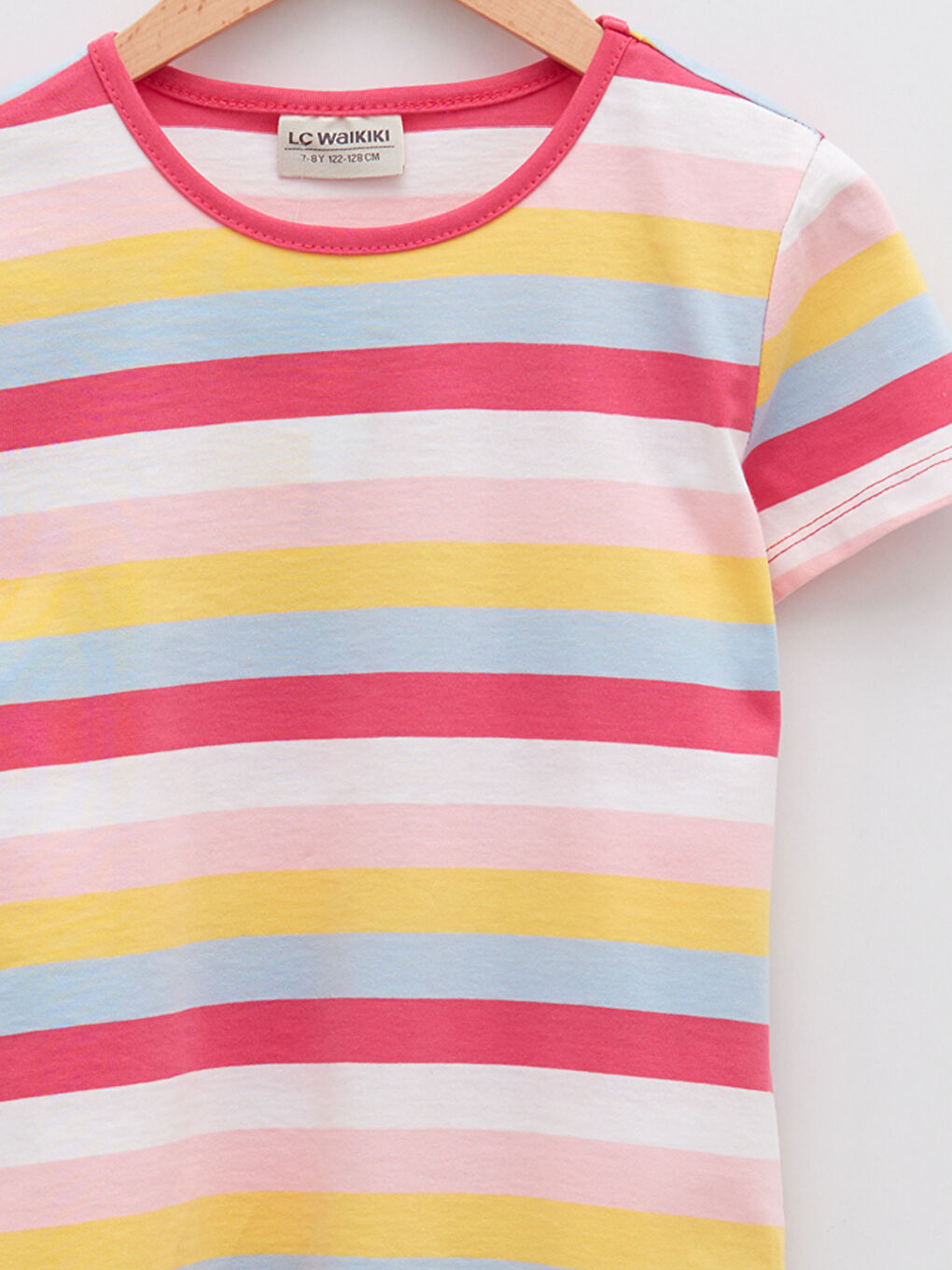 تيشيرت بناتي كم قصير مخطط ياقة دائرية قطن-2