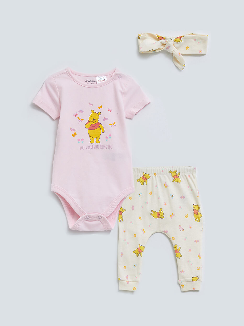 Pembe Bisiklet Yaka Kısa Kollu Winnie the Pooh Pamuklu Kız Bebek 3'lü Takım